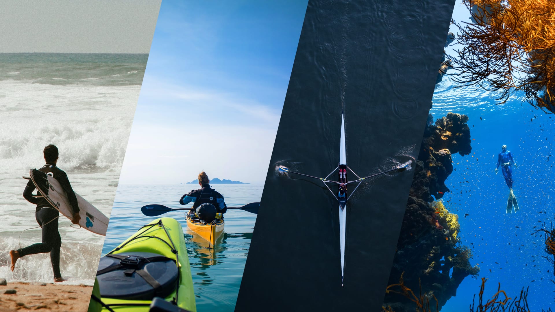 Quatre photos représentent autant de sports nautiques. Le surf, le canoë, l'aviron et la plongée sous marine.